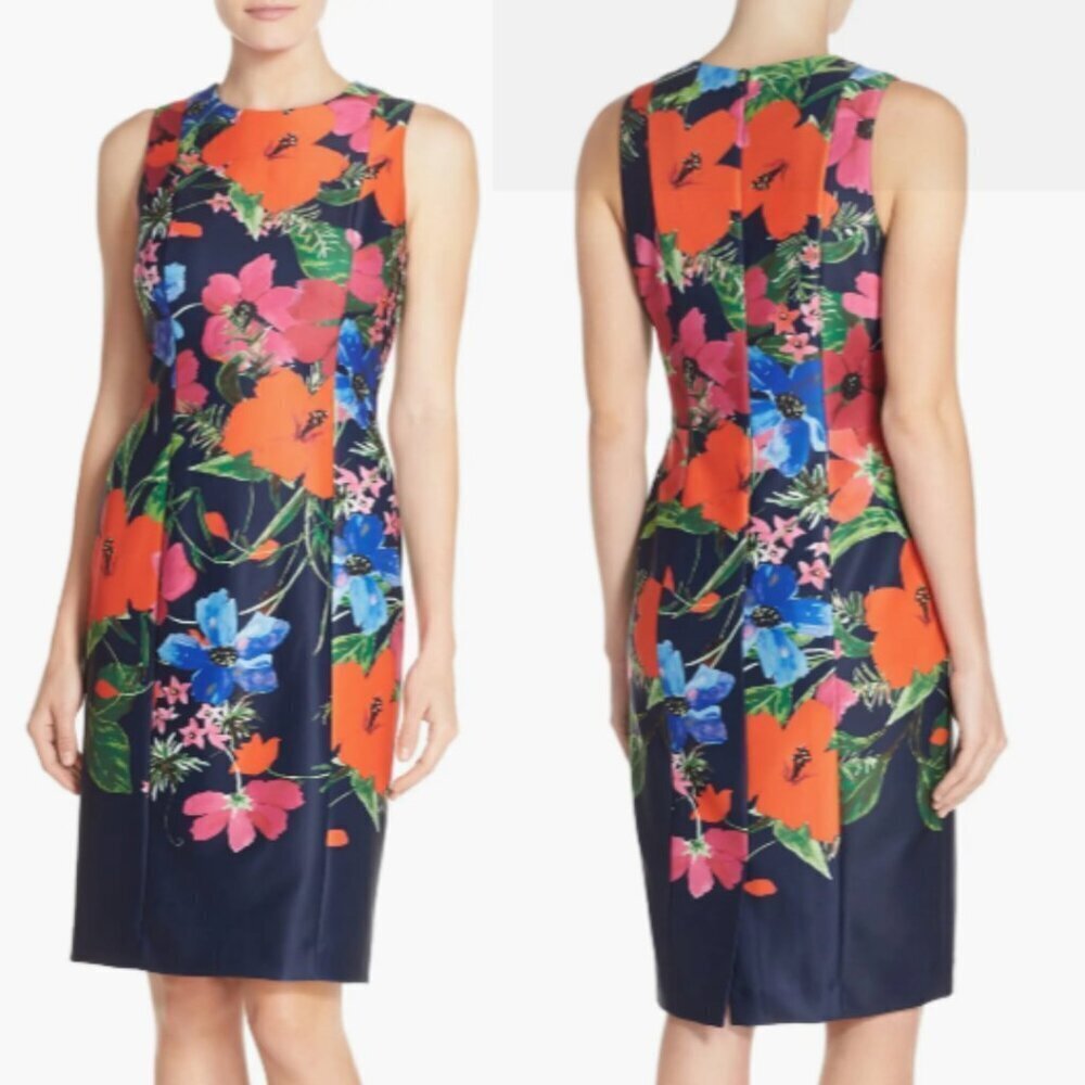 Eliza J Red Floral Print Sleeveless Scuba Sheath Dress Size 10P 26537